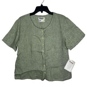 Flax Green Short Sleeve Check 100% Linen Lagenlook Button Front Shirt Small